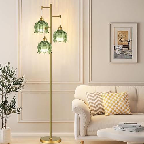 ZECOXOL Green Glass 3-Light Mid-Century Floor Lamp with Brass Tall Stand