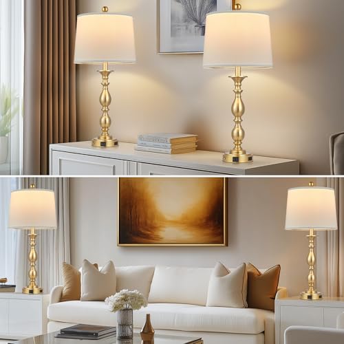 Gold 2 Pack Modern Table Lamps with USB Ports & AC Outlet - 3-Way Touch Bedside Lamps for Bedroom & Living Room