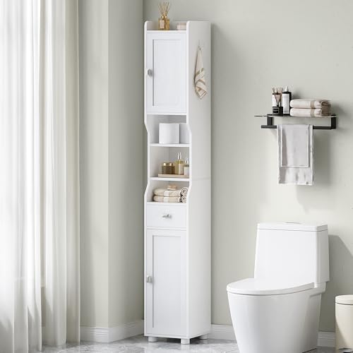 Tall Bathroom Storage Cabinet - White, 11 x 11 x 70.9 Inches, Narrow Floor Cabinet with Doors & Drawer