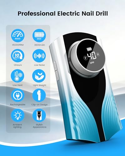 Professional Electric Nail Drill 45000RPM with 3600mAh Battery & Digital Display - Portable Manicure Kit Blue