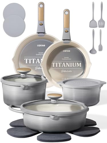 CAROTE 20-Piece Titanium Cookware Set with Detachable Handles - Gradient Grey