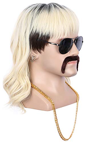 Men's Rock Star Style Blonde Mullet Wig - 70s 80s Long Black Roots Costume Hair