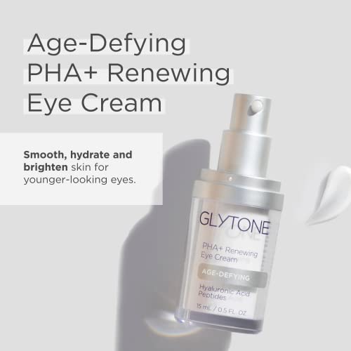Glytone Age-Defying PHA+ Renewing Eye Cream for Wrinkles| Anti aging Under Eye Cream with Hyaluronic Acid Peptides| Targets Puffiness, Bags, Wrinkles & Dark Circles| Brightening Moisturizer| 0.5 Fl oz