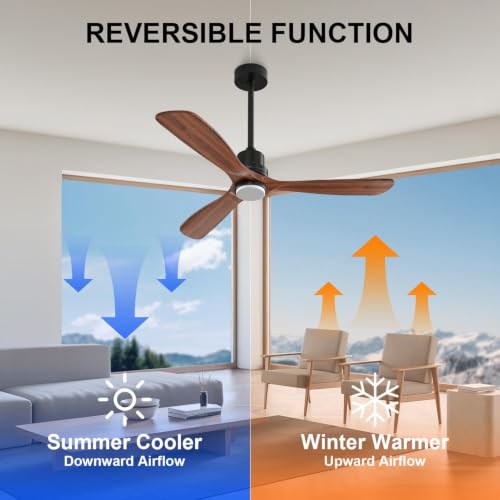 Obabala 52-Inch Walnut Ceiling Fan with Lights and Remote - Reversible 3-Blade Indoor/Outdoor