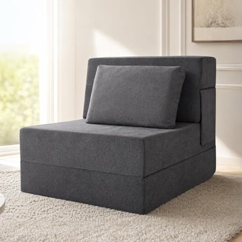 Grey Foldable Floor Sofa Bed with Pillow - Convertible Sleeper Chair for Living Room - Single