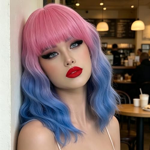 Pink Ombre Blue Short Wavy Curly Wig 14 Inch Cosplay Halloween Party Hair - Variation of Pink Ombre Blue