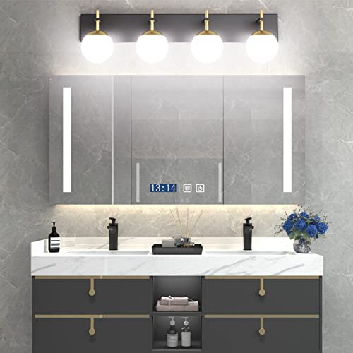 Mid Century Modern Vanity Lights - 4-Light Milky Glass Globe Wall Fixture - Black & Gold, 30 Inch