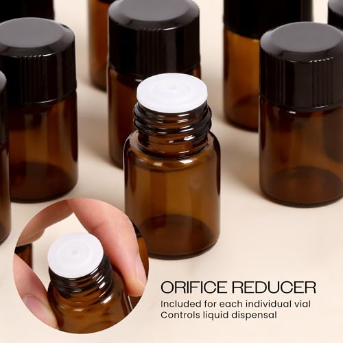 Beauticom 2ML Amber Glass Vial Pack of 144 with Orifice Reducers - Travel & Aromatherapy Bottles