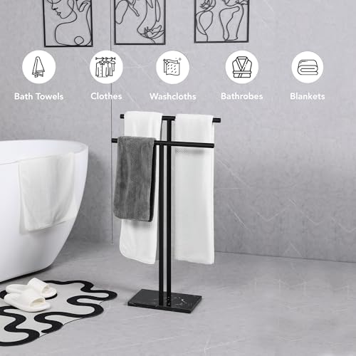 Matte Black Freestanding Towel Rack with Marble Base - Modern Bathroom Organizer