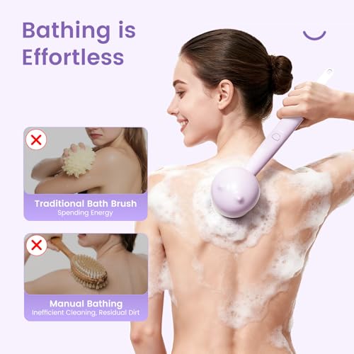 Electric Back Scrubber for Shower Body Brush, Waterproof Shower Body Scrubber for Cleansing, Massaging, Rechargeable Bath Brush for Kids & Adults with 2 Heads & 3 Speed Modes, Taro Purple XY0