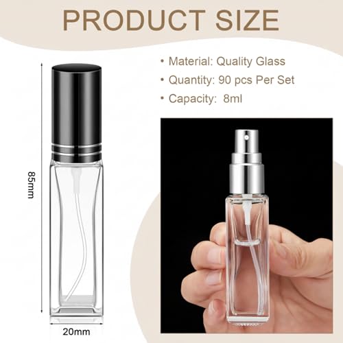 Domensi 90 Pack 8ml Glass Perfume Atomizers - Gold, Silver, Black Refillable Bottles