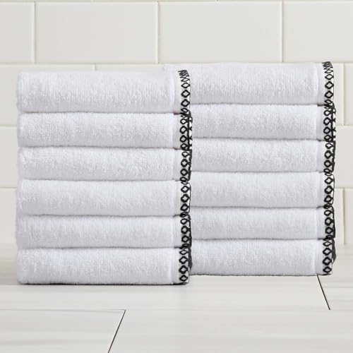 Great Bay Home Black/White Washcloth Set - Ultra-Soft Cotton, Boho-Chic Border Design - 12 Washcloths (13" x 13") - Absorbent, Quick-Dry, Lightweight Bathroom Towels