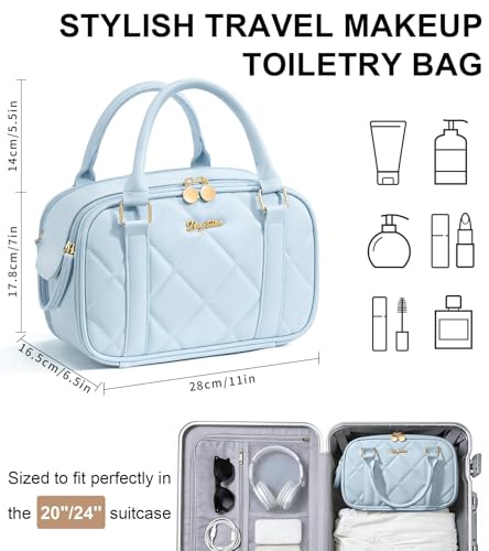 Travel Makeup Bag Large Capacity Quilted Cosmetic Organizer - Blue