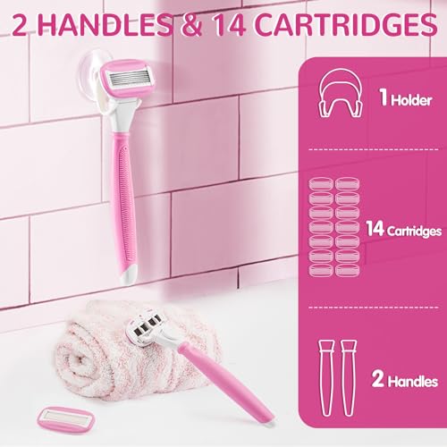 Razors for Women Include 2 Non-Slip Handles and 14 Blade Refills with a Shower Holder, 5 Premium Blades Women's Razors for Shaving with 360¡Æ Lubrication Reduces Irritation, Pink