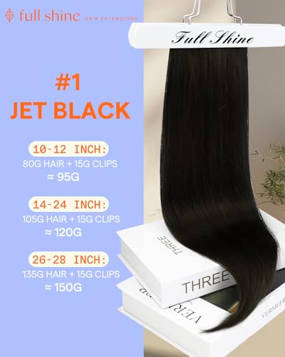 Full Shine Clip-In Human Hair Extensions - Jet Black, 22 Inch, 7pcs, 120g