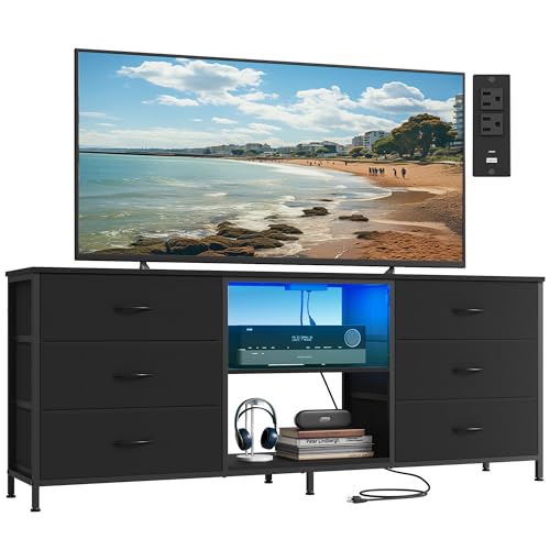 SONGMICS TV Stand for Up to 70 Inch TVs with 6 Fabric Drawers & Shelves - Ink Black, 13.8D x 68.4W x 26.8H