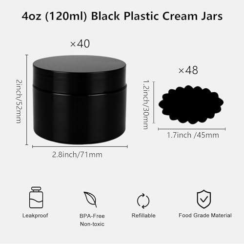 40 Pack 4 oz Black Plastic Jars with Lids - Cosmetic & Storage Containers