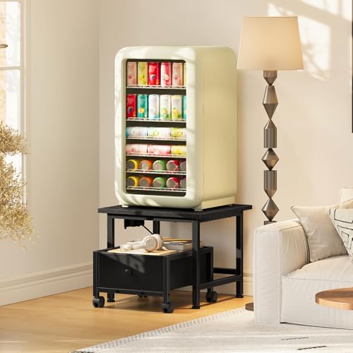 Mini Fridge Stand with Power Outlet & Storage Basket - Black, Wheels, Adjustable Feet
