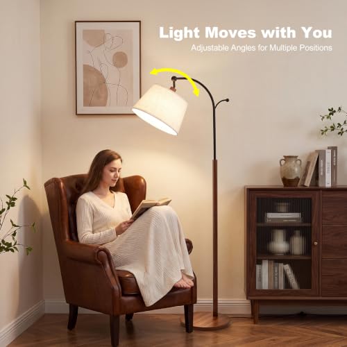 Wood Grain Arched Floor Lamp with Linen Shade - Dimmable 3-Color Temperatures, Foot Switch & Coat Hook - Bingyouth