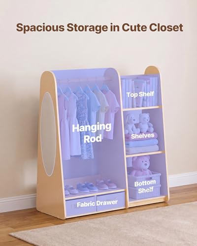 Kids Wooden Triangular Dress Up Closet with Mirror & Storage - Toddler Wardrobe for Little Girls