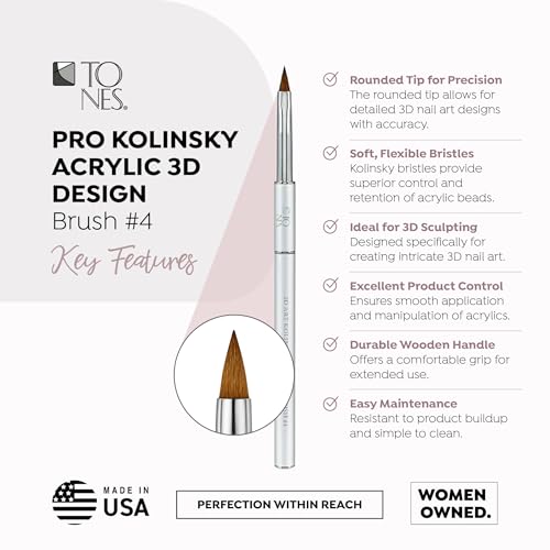 TONES Kolinsky Acrylic Nail Art Brush ? Pure Sable Hair, Crimped Silver Handle | Pro-Level Carving Tool with Ultra-Fine Precision Tip | Size: 4