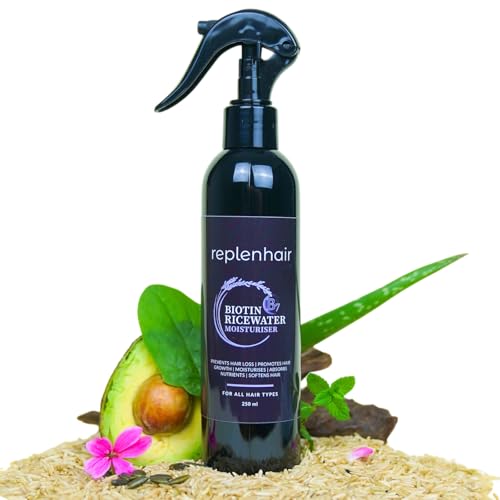 Replenhair Rice Water Biotin Hair Growth Spray - Leave In Conditioner Infused with Biotin Oil & Essential Oil for Hair Growth, Reduces Hair Fall, Dandruff & Promotes Thicker Hair - 250ml