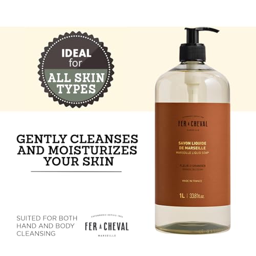 Fer a Cheval Marseille Liquid Soap, Orange Blossom, 1 L / 33.8 fl oz ? Gentle Hand and Body Wash with Shea Butter ? Made in France