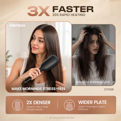 PRITECH Ionic Hair Straightener Brush Black Gold Fast Heating 20s - 5 Temp