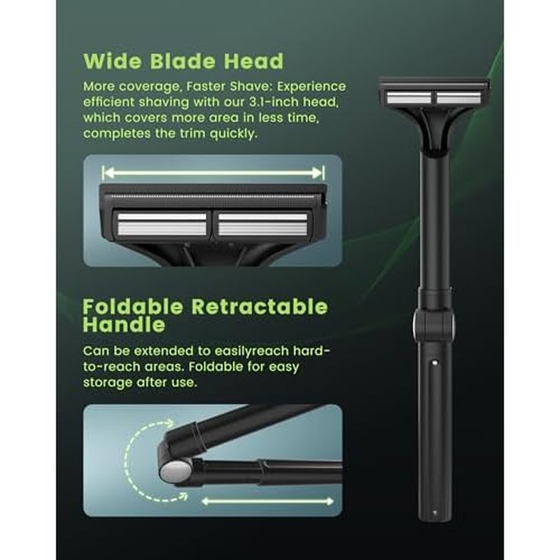 Back Shaver for Men, Manual Body Hair Trimmer with 4 Replaceable Wide Blades, Extendable Long Handle, 180¡Æ Adjustable Arm, Wet & Dry Use