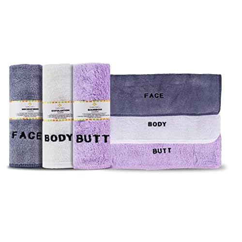 Crafty Cloth 6-Piece Washcloth Set ? Face, Body, Butt Cloths | 3 Distinct Textures | Ultra-Soft, Rigid Exfoliation, and Hygiene Cloths for Sensitive Areas (Gray,White,Purple, Embroidered 6-Piece Set)