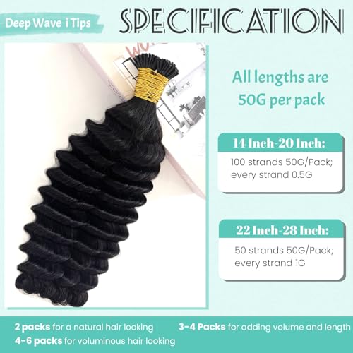 Ubetta Deep Wave I Tip Hair Extensions Human Hair 18 Inch - Pre Bonded Keratin for Black Women