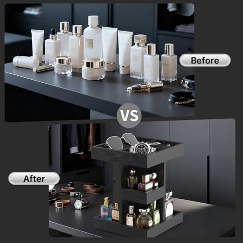 Cologne Organizer for Men Rotating Bathroom Counter Organizer, 3-Tier Solid Wood Storage Caddy, 360-Degree Rotating Stand, Burlywood (Black)
