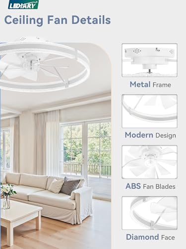 24-Inch White Modern Ceiling Fan with Lights and Remote - Low Profile, Dimmable, Quiet DC Motor, Reversible, Smart App Control