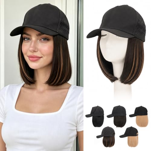 Quick Dry Baseball Cap Wigs for Women - Black & Brown 8 Inch Short Bob Style with Ventilated Design
