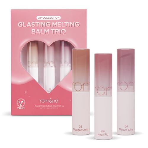 rom&nd Glasting Melting Balm Trio | Hydrating Lip Balm Set for Crystal Shine & Vivid Daily Colors | Non-Sticky, Gentle Formula for Plump, Dewy Lips | #05 Nougat Sand, #06 Kaya Fig, #07 Mauve Whip