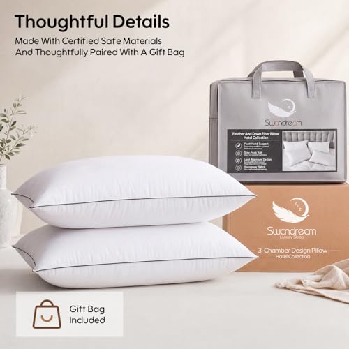 Swandream White King Goose Feather & Down Pillows 2 Pack - Hotel Luxury 3-Chamber Support
