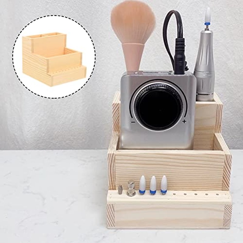 FRCOLOR Wooden Nail Drill Bits Holder Stand Display Organizer 10 Holes Nail Tool Storage Box Desktop Brush Holder Manicure Tool Organizer Cosmetics Holder