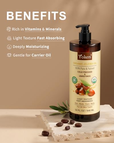 Yoken 32 fl oz Pure Organic Jojoba Carrier Oil - Unrefined, Cold Pressed, Moisturizer for Skin, Hair, Nails, & Massage - Pack of 1