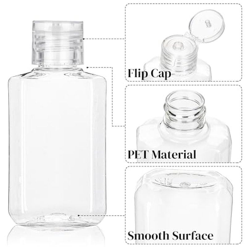 60 Pack Plastic Refillable Flip-Top Bottles, 2 OZ Clear Empty Travel Hand Sanitizer with Flip Cap, Portable Small Liquid Squeeze Container for Shampoo, Lotions, Liquid Body Soap, Creams