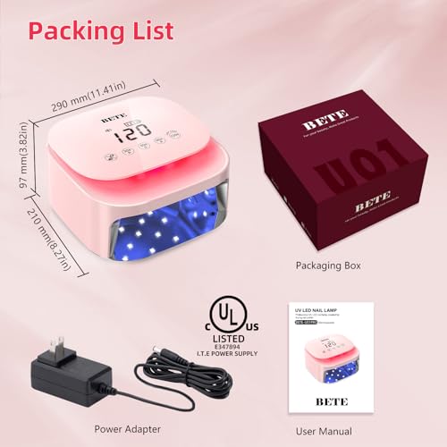 BETE 60W Cordless UV LED Nail Lamp - Rechargeable Gel Polish Dryer with Auto Sensor, 4 Timer Settings - Pink