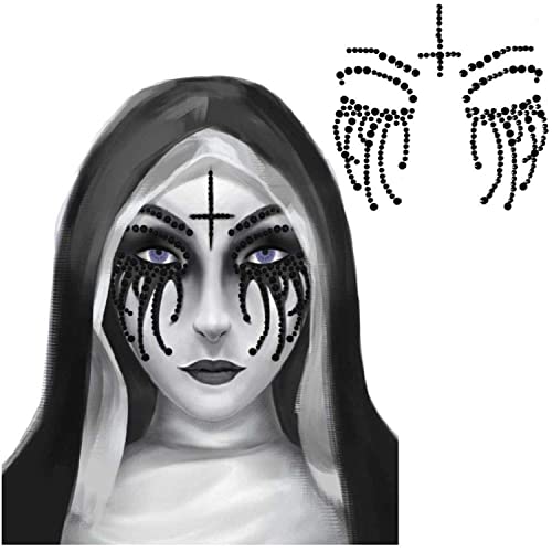 Saturey Halloween Nun Costume Accessories Set, with Nun Temporary Rhinestone Temporary Face Tattoo for Halloween Festival Rave Party Outfit for Halloween Cosplay Party, black, M