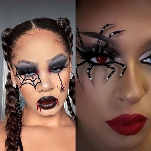NOOEPC 3D Spider Web Face Gems, Halloween Makeup Face Jewels for Women, Hair Gems Clear Face Rhinestones, Halloween Makeup for Women Face Stickers Spider Costume