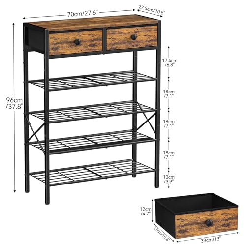 Rustic Brown 5-Tier Shoe Rack with 2 Drawers - Fits 16-20 Pairs, Adjustable Shelves