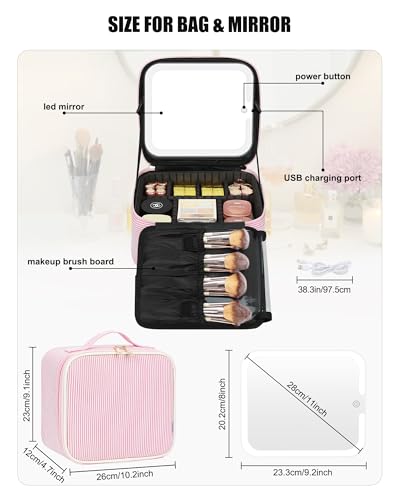 Relavel Travel Makeup Bag with LED Mirror - Detachable Dividers, Small Strip Variant
