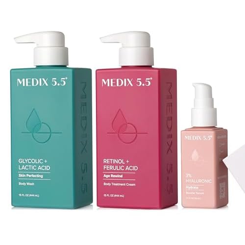 Medix 5.5 Glycolic Acid Exfoliating Body Wash + Retinol Age Rewind Body Treatment Cream + 3% Hyaluronic Acid Hydrating Serum Set