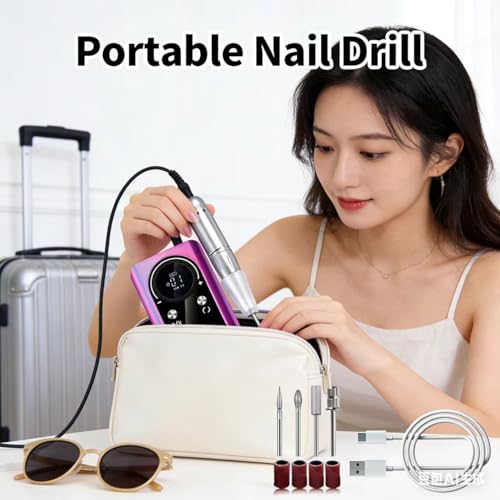 Nail Drill, Wireless Electric Rechargeable Manicure Machine, Suitable for Removing Gel Nails. Professional Manicure polishing kit, Suitable for use in Salons and at Home. Purple Color