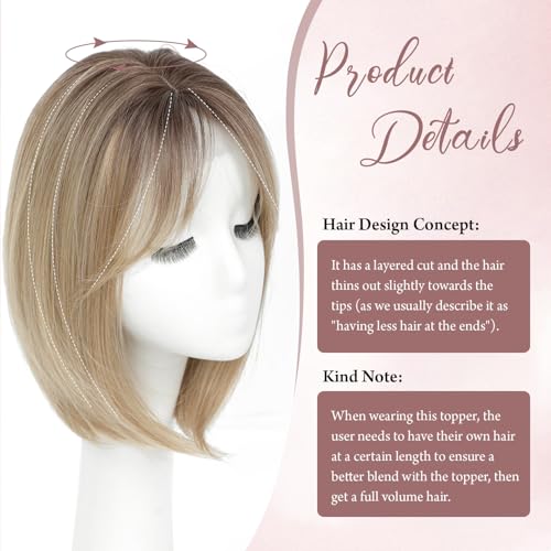 Megito 12 Inch Synthetic Hair Topper for Women, Ombre Blonde with Dark Root, Clip-In Volumizing Wiglet for Full Coverage and Natural Look
