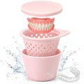 Pink Ceramic Denture Cleaning Cup with Lid & Removable Basket - Hygienic Soaking Container