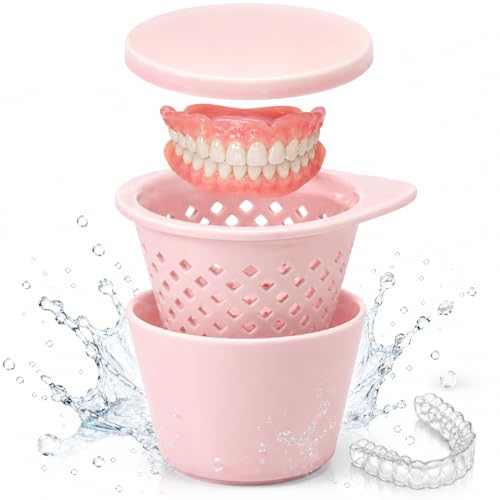 Pink Ceramic Denture Cleaning Cup with Lid & Removable Basket - Hygienic Soaking Container