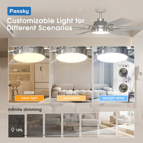 Passky 52 Inch Nickel Ceiling Fan with Lights & Remote - Modern 6-Blade Design